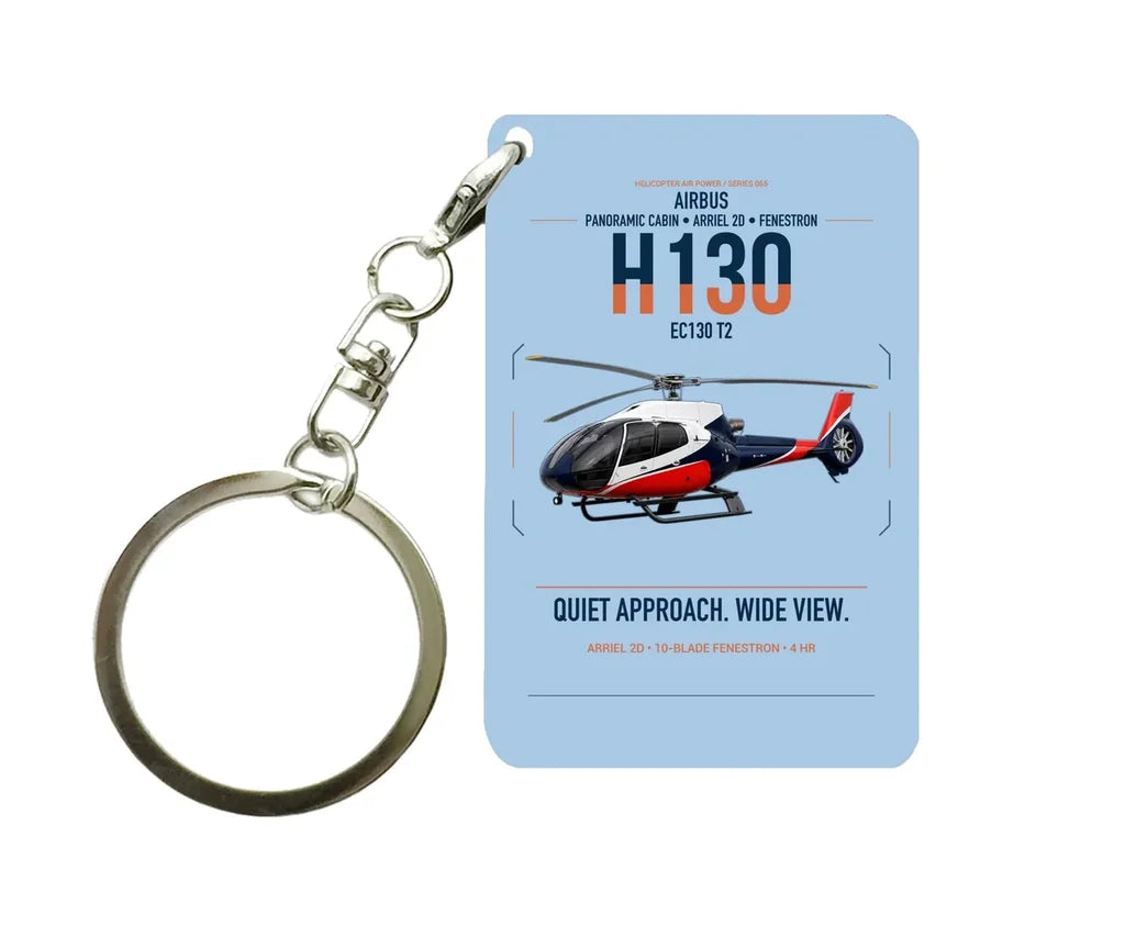 Airbus H130 design on light blue designed key chain, double-side print