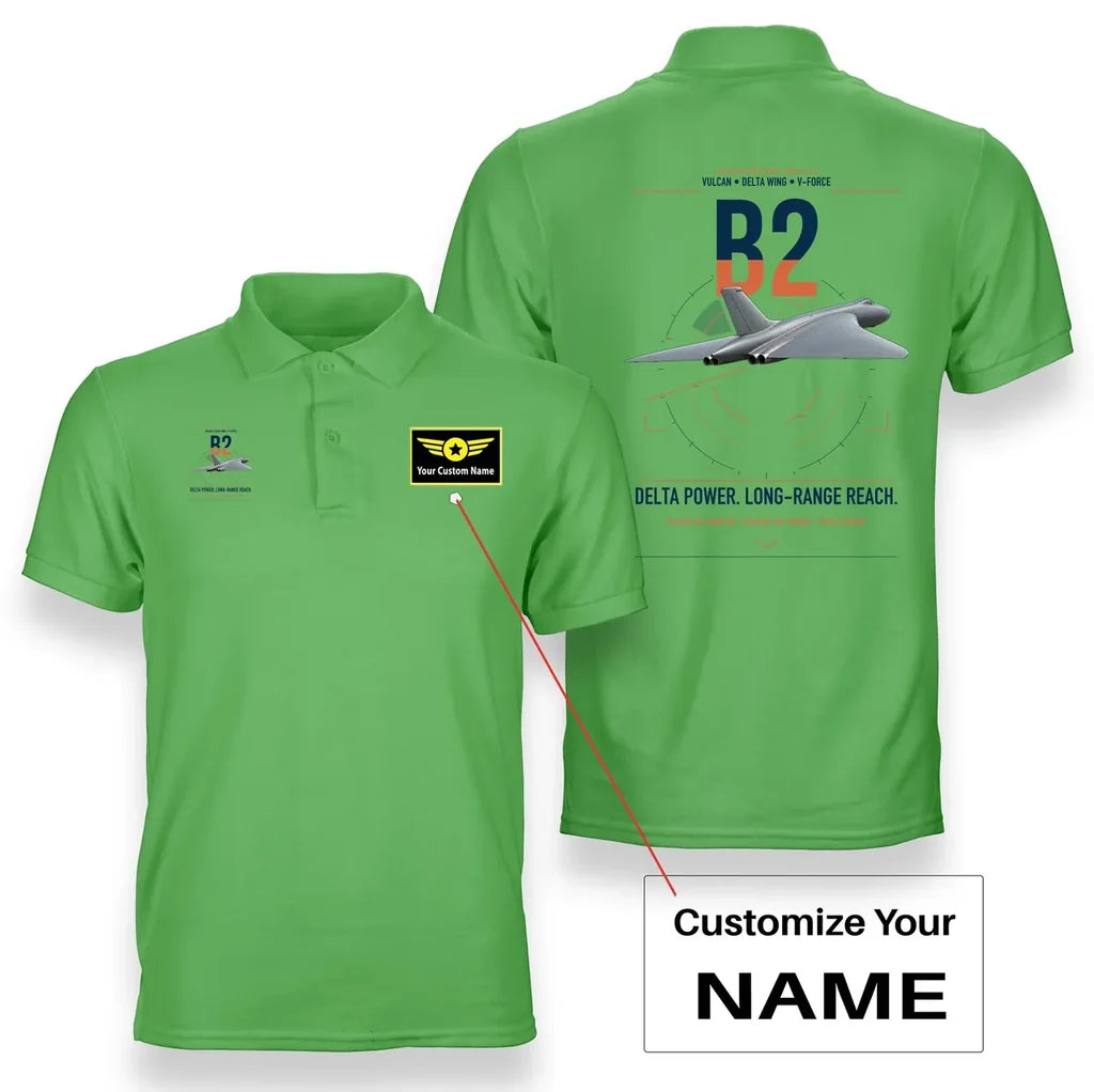 Avro Vulcan B2 design on light green+name double-side polo t-shirt, double-side print
