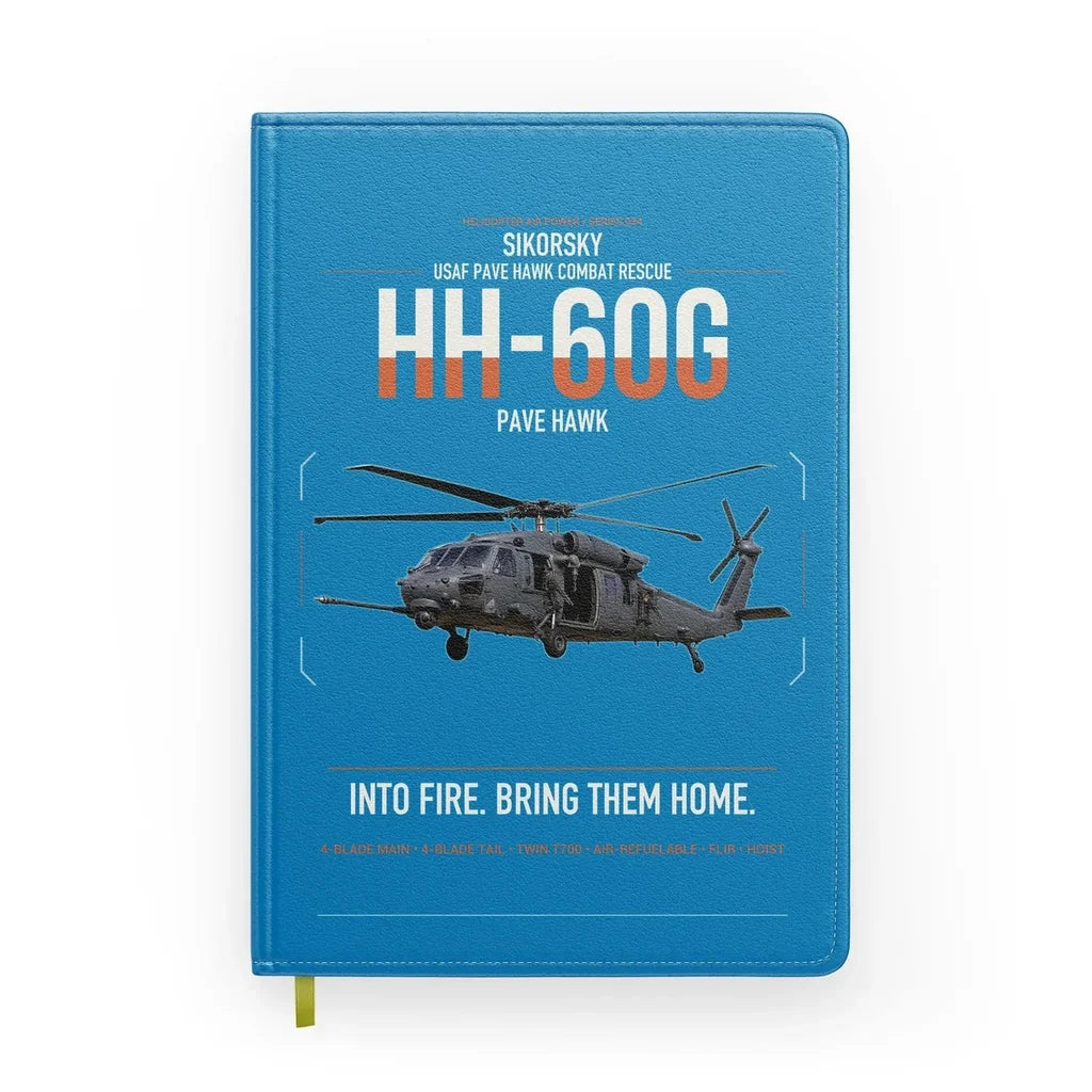 Sikorsky HH-60G Pave Hawk design on turquoise notebook