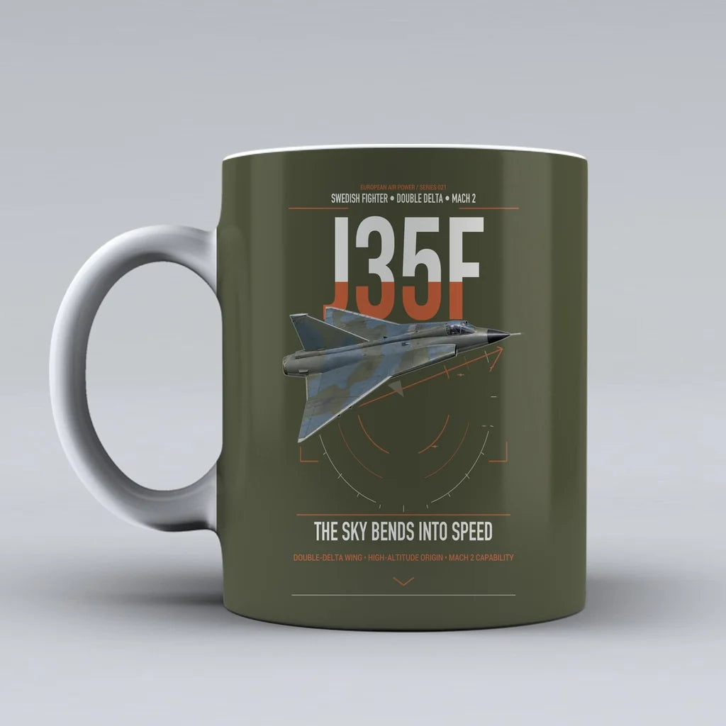 Saab J 35F Draken design on green army ceramic mug, double-side print