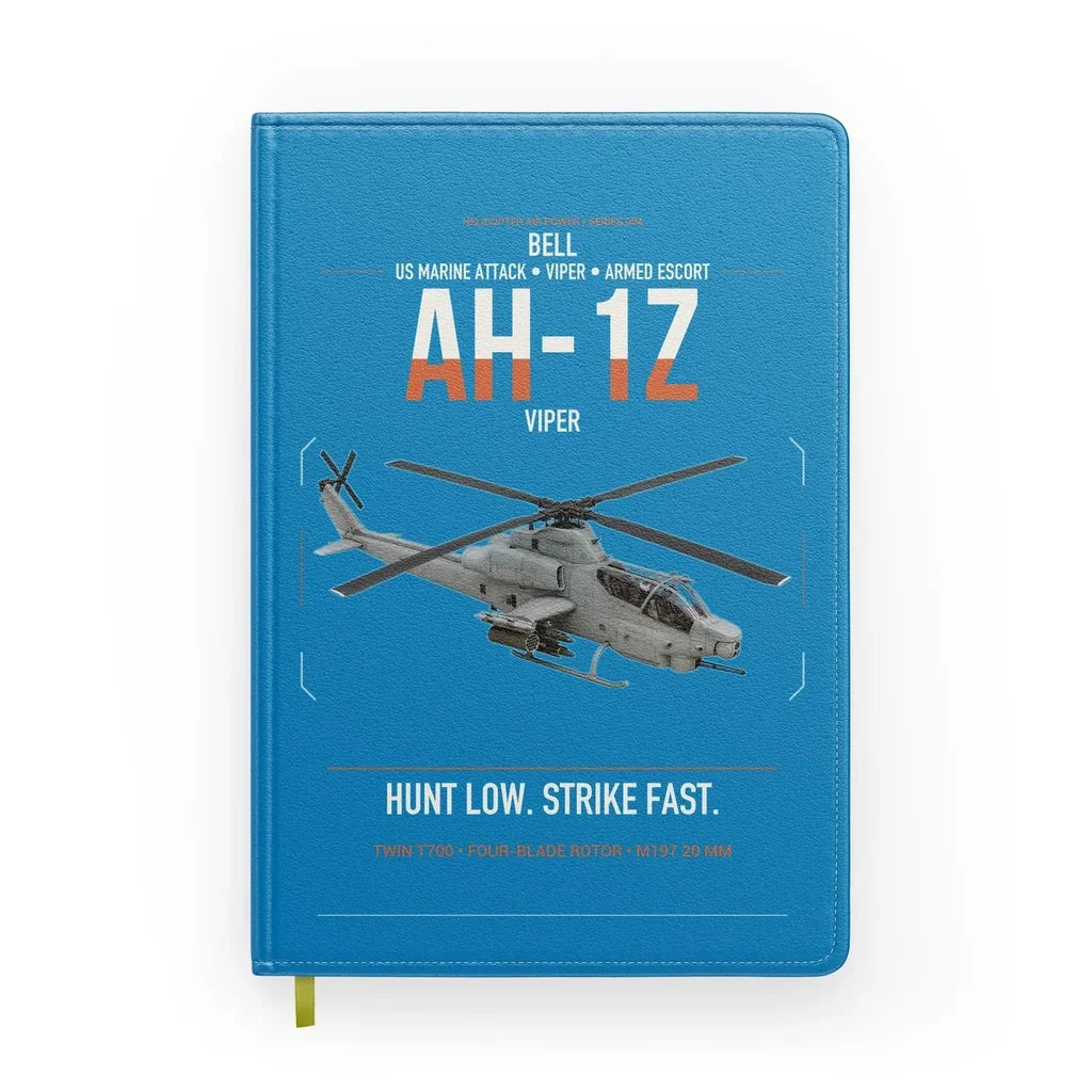 Bell AH-1Z Viper design on turquoise notebook