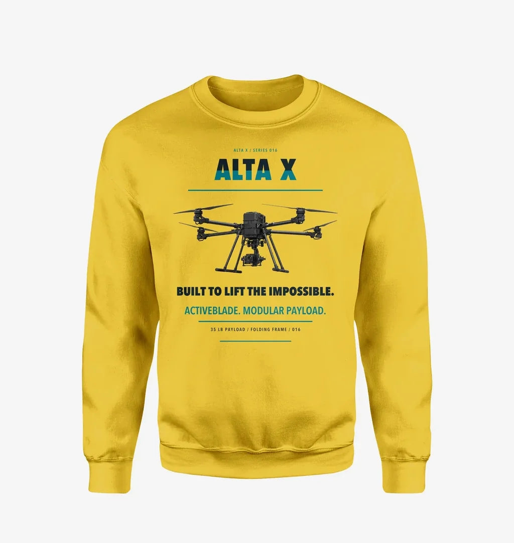 Freefly Alta X design on yellow sweatshirt