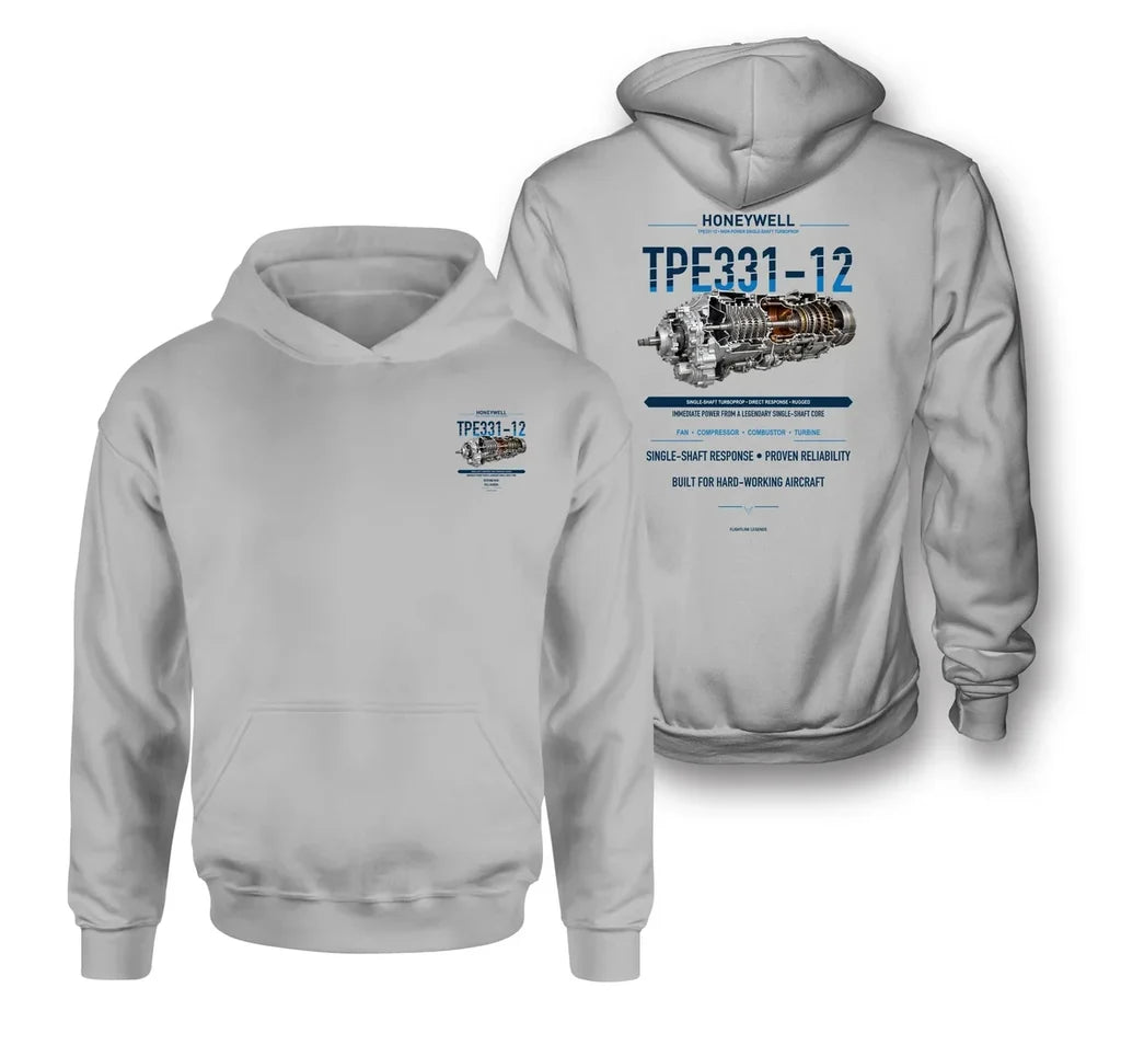 TPE331-12 design on light gray hoodie