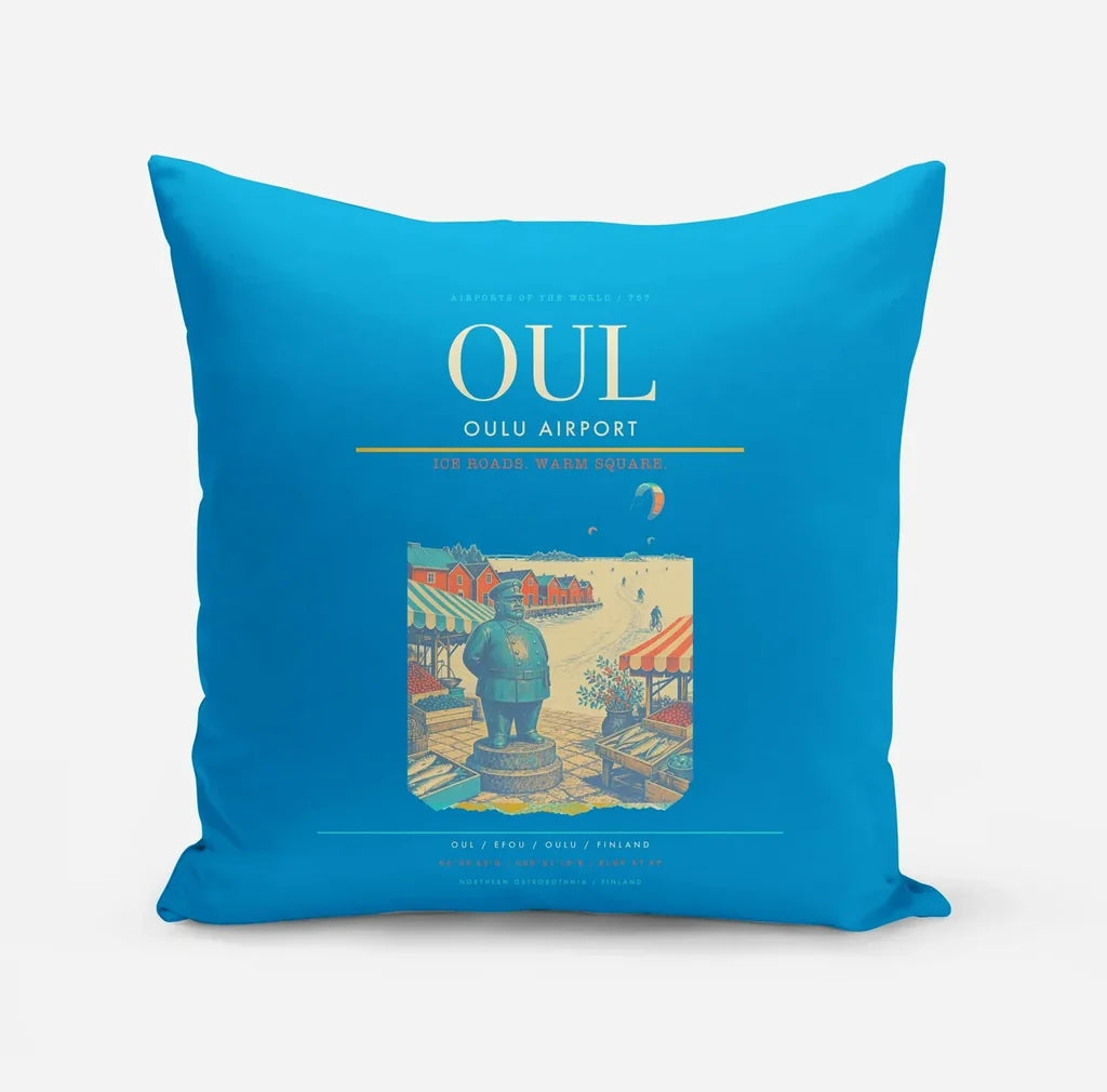 Oulu Airport (OUL) design on turquoise pillow