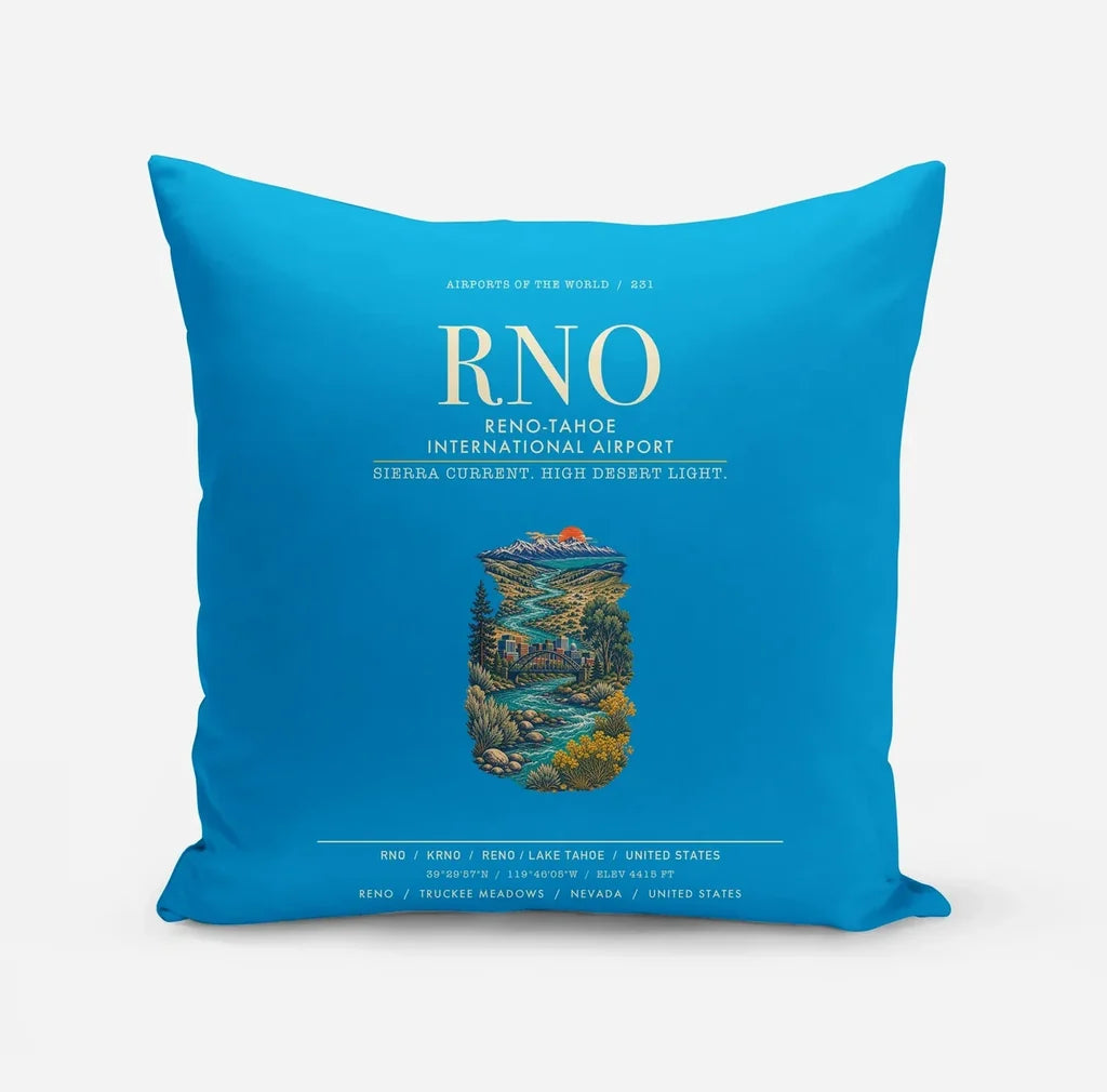 Reno-Tahoe International Airport (RNO) design on turquoise pillow