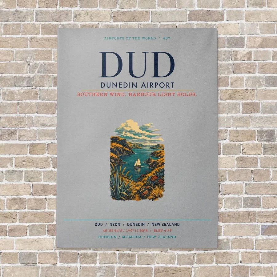 Dunedin Airport DUD vertical canvas print - no frame - light gray background
