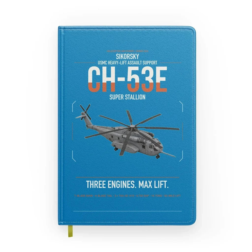 Sikorsky CH-53E Super Stallion design on turquoise notebook