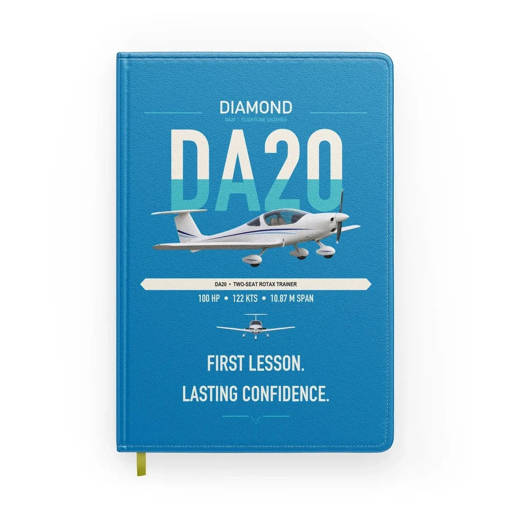 Diamond DA20 design on turquoise notebook