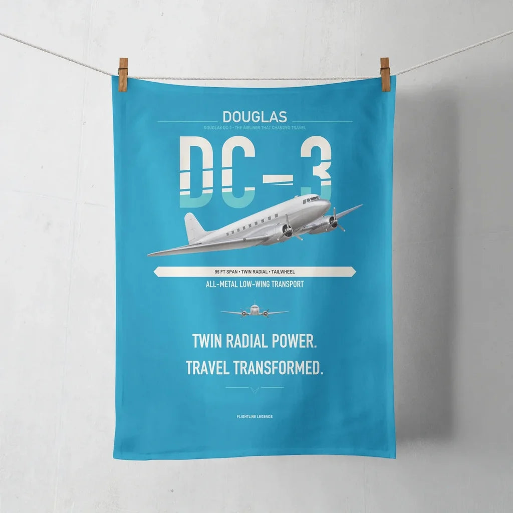 Douglas DC-3 design on turquoise towel