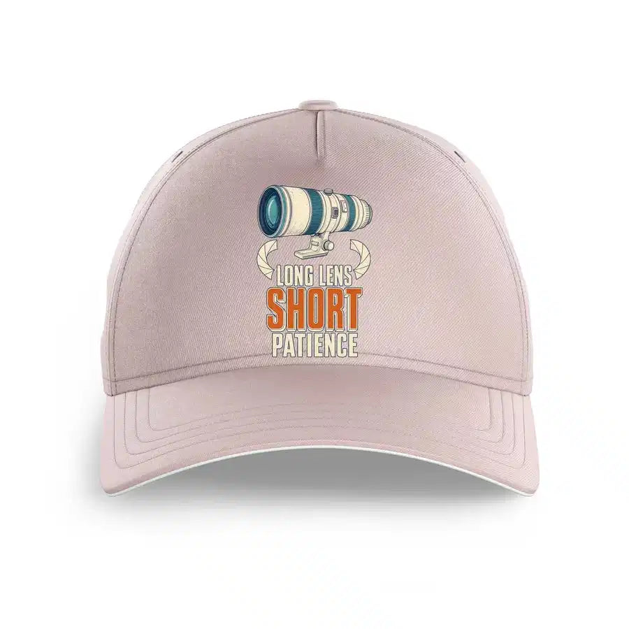 Long Lens Short Patience design on pink printed hat