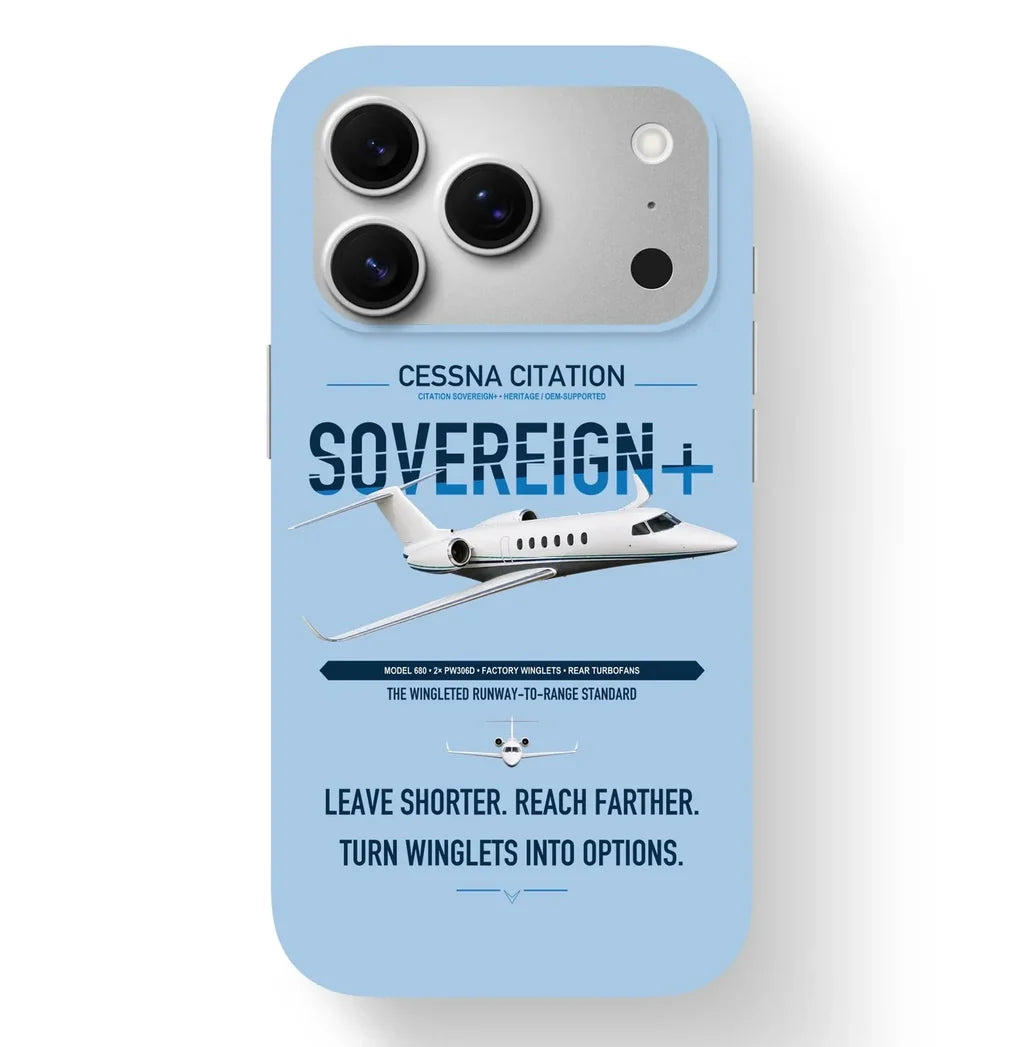 Cessna Citation Sovereign+ design on light blue magsafe iphone case, for iPhone 17 Pro