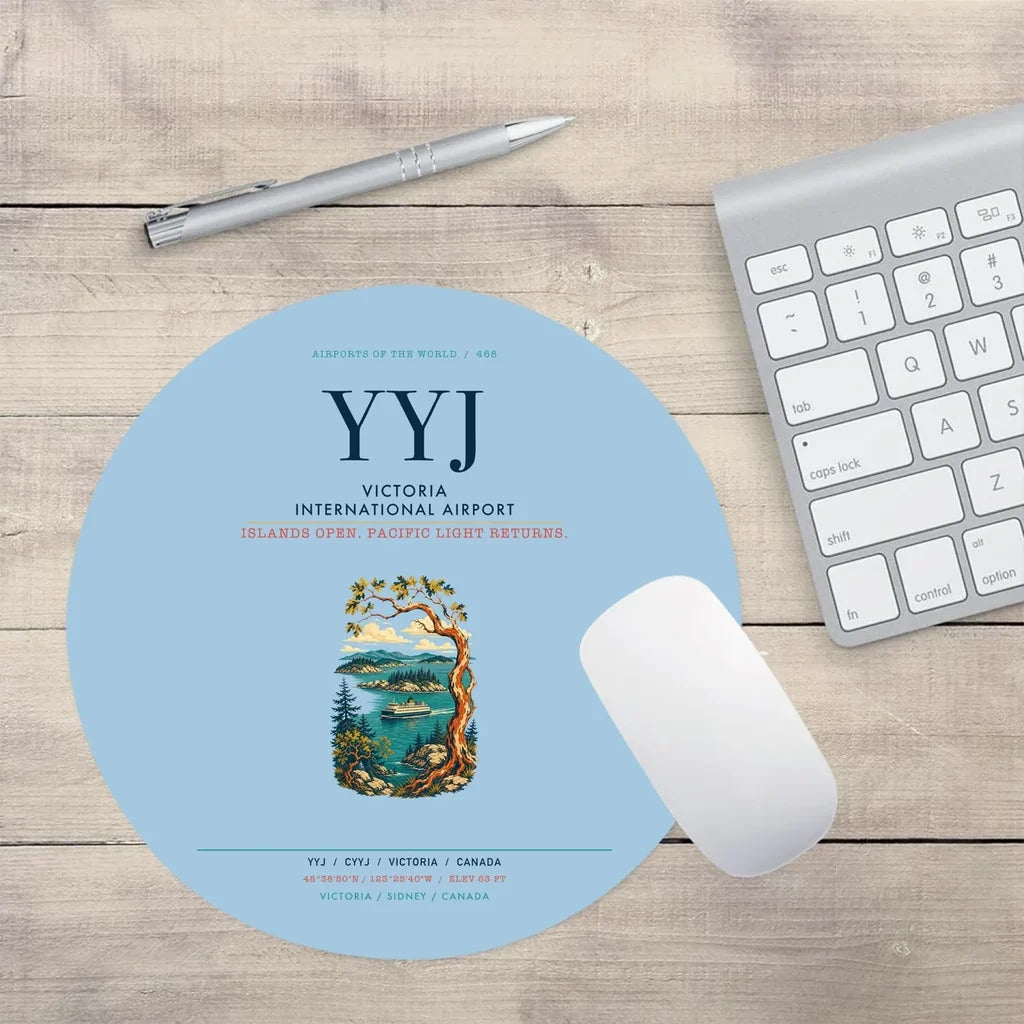 Victoria International Airport (YYJ) design on light blue round mouse pad