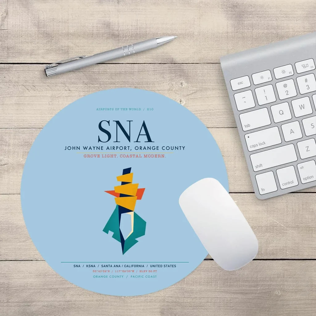 John Wayne Airport, Orange County (SNA) design on light blue round mouse pad