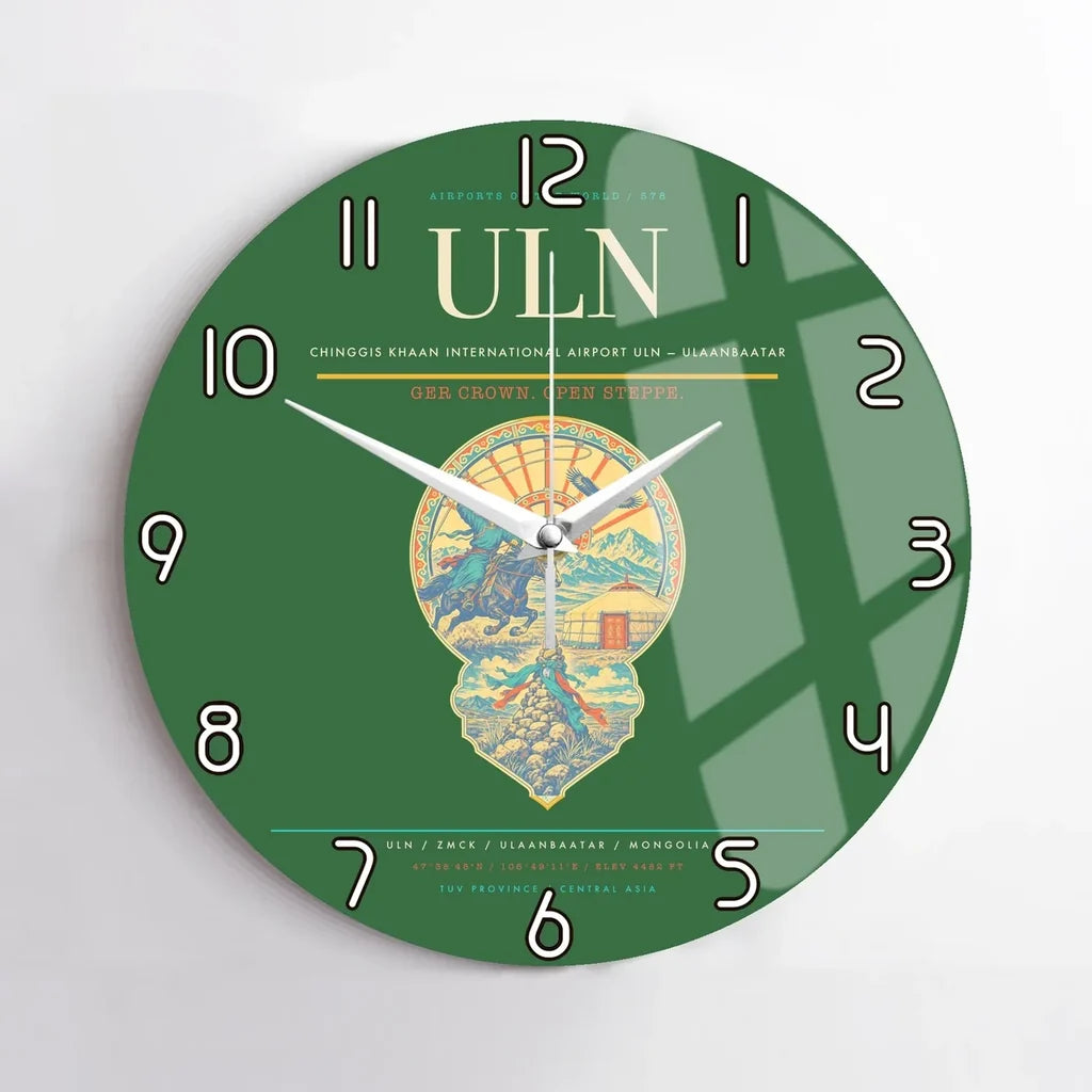 Chinggis Khaan International Airport (ULN) design on green no frame wall clock