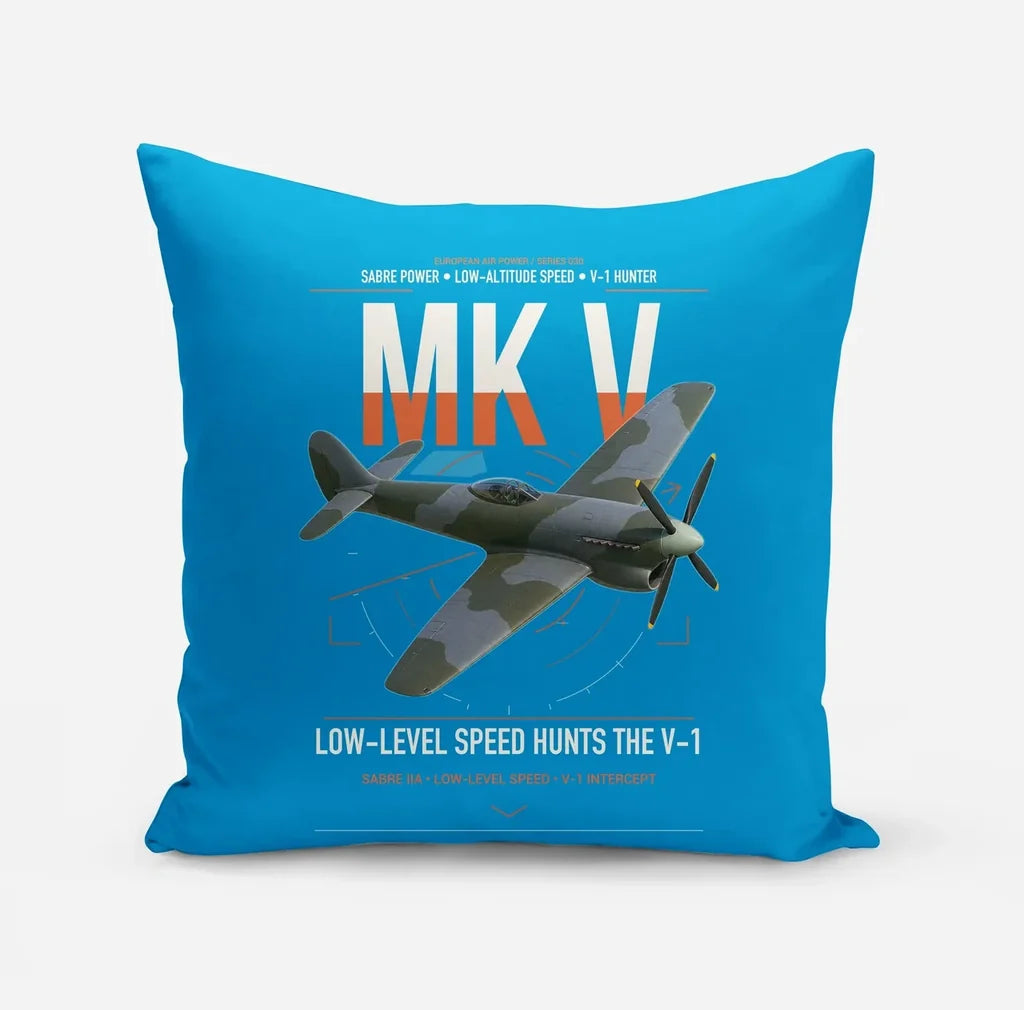 Hawker Tempest Mk V design on turquoise pillow