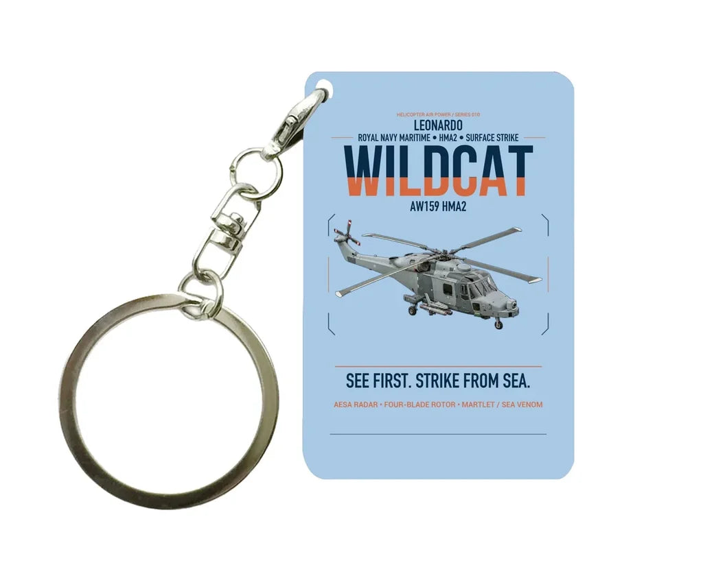 Leonardo AW159 Wildcat HMA2 design on light blue designed key chain, double-side print