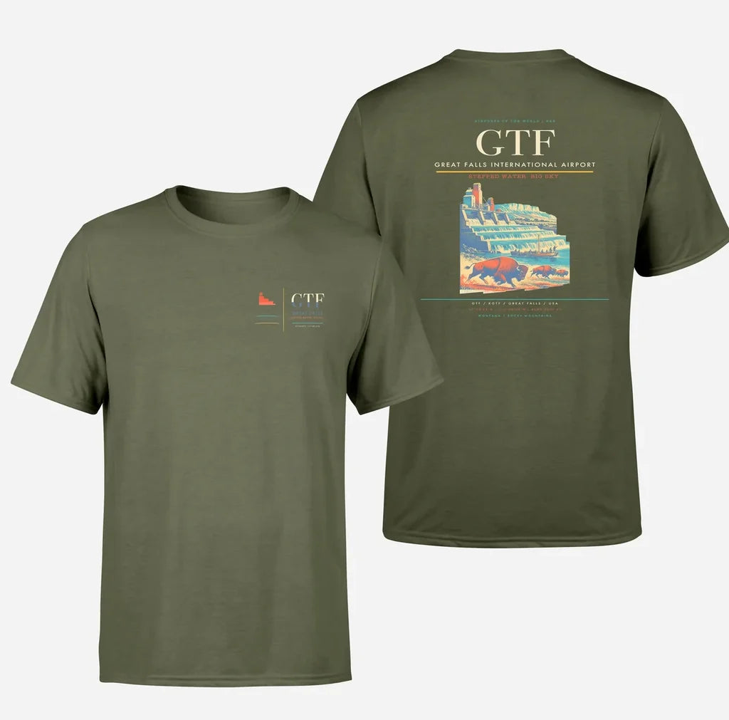 Great Falls International Airport (GTF) design printed on green army double-side t-shirt