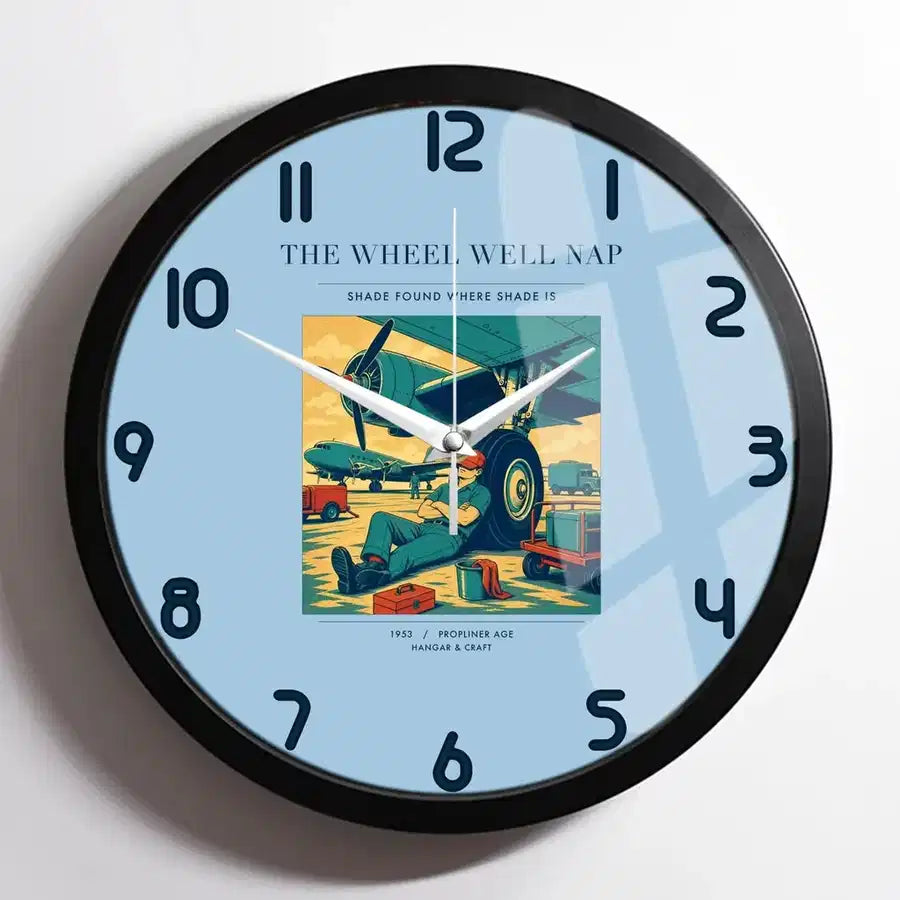 VINTAGE G4267 - The Wheel Well Nap - Designed Wall Clocks design on lightblue framed