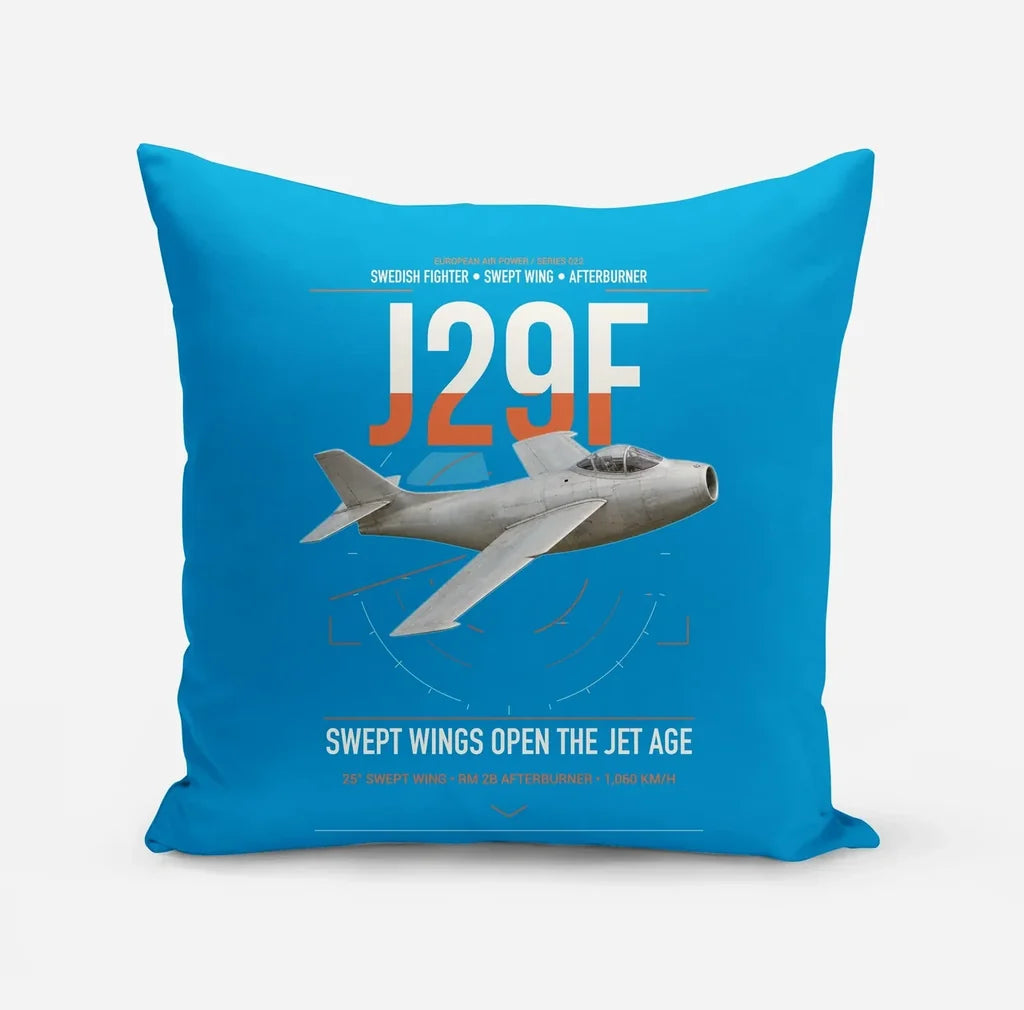 Saab J 29F Tunnan design on turquoise pillow