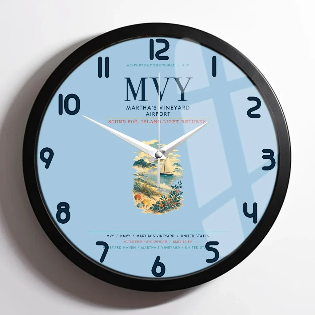 Martha's Vineyard Airport (MVY) design on light blue framed wall clock