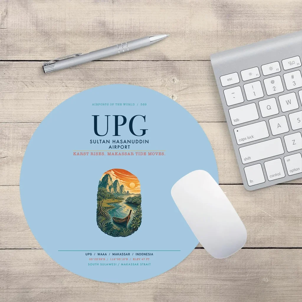 Sultan Hasanuddin Airport (UPG) design on light blue round mouse pad