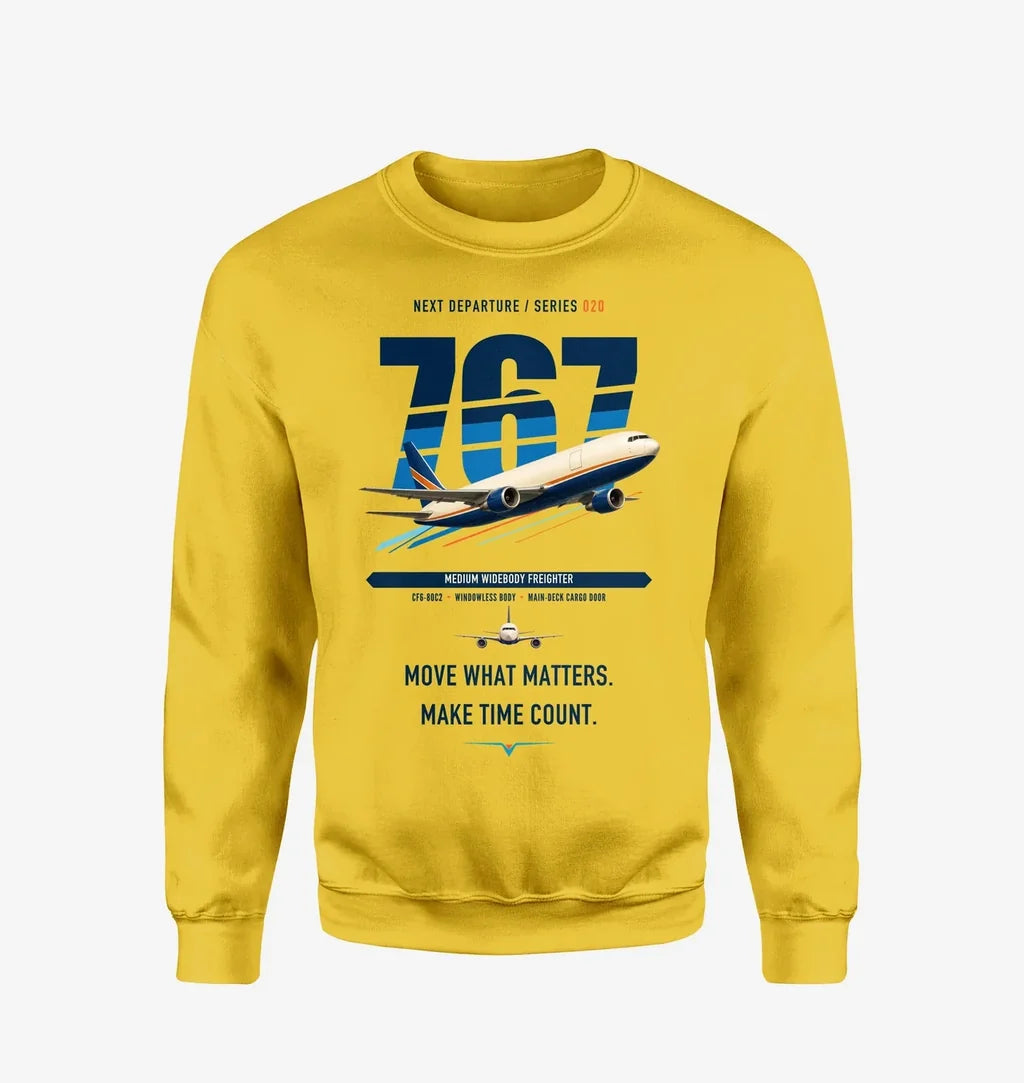 Boeing 767-300F design on yellow sweatshirt
