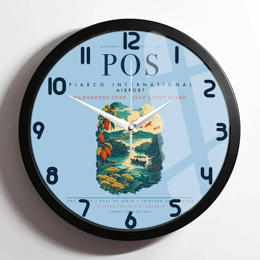 Piarco International Airport (POS) design on light blue framed wall clock