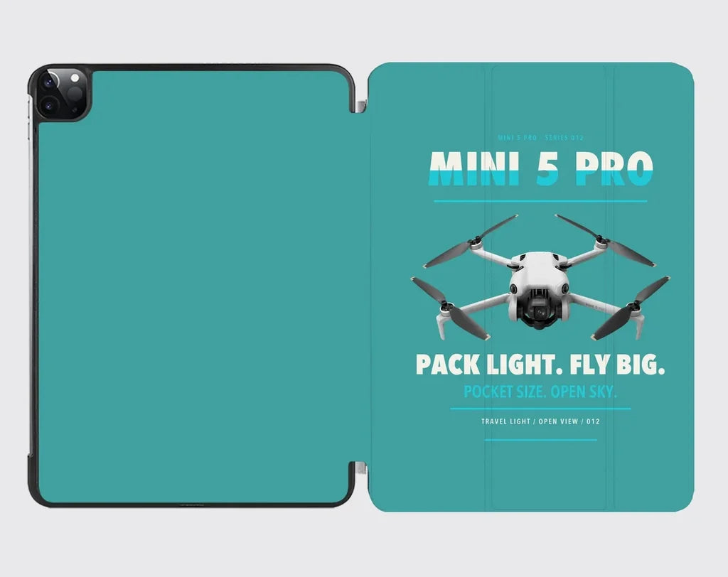 DJI Mini 5 Pro design on turquoise ipad tablet case