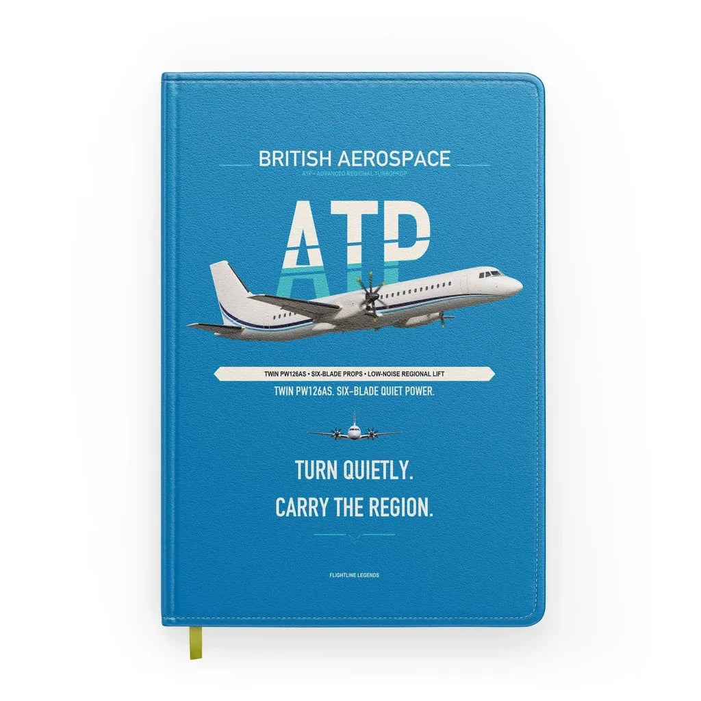 British Aerospace ATP design on turquoise notebook