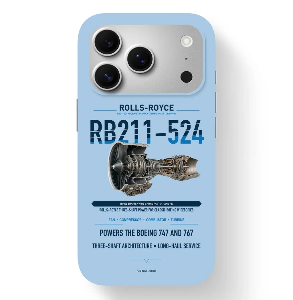 RB211-524 Case design on light blue iphone case