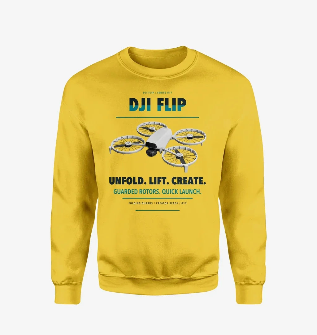DJI Flip design on yellow sweatshirt
