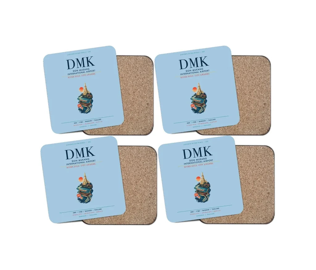 Don Mueang International Airport Bangkok (DMK) design on light blue 4 pieces set coaster