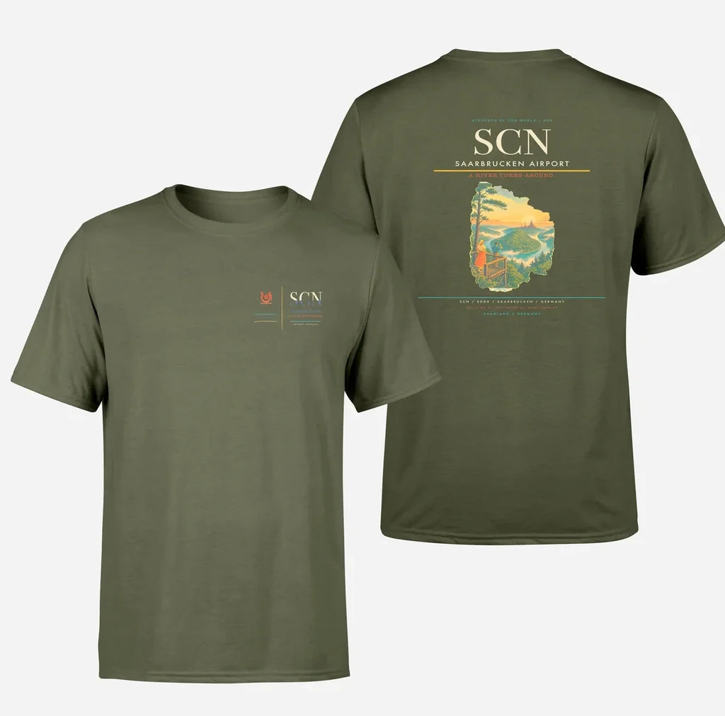 Saarbrucken Airport (SCN) design printed on green army double-side t-shirt