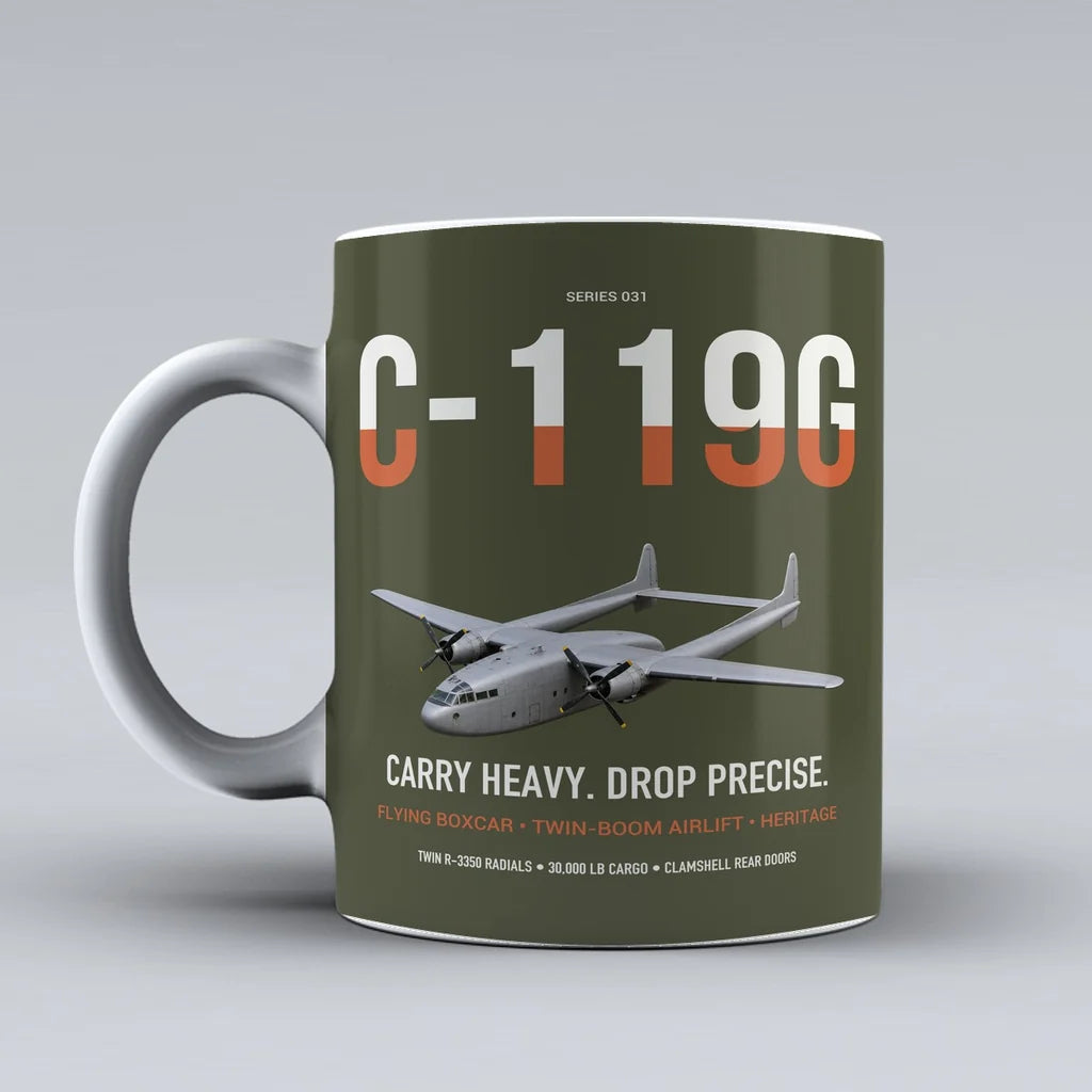 C-119G Flying Boxcar design on green army ceramic mug, double-side print