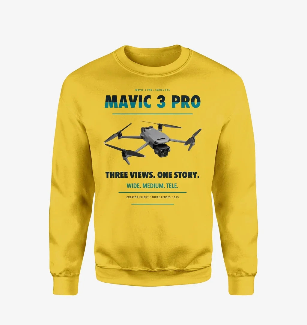 DJI Mavic 3 Pro design on yellow sweatshirt