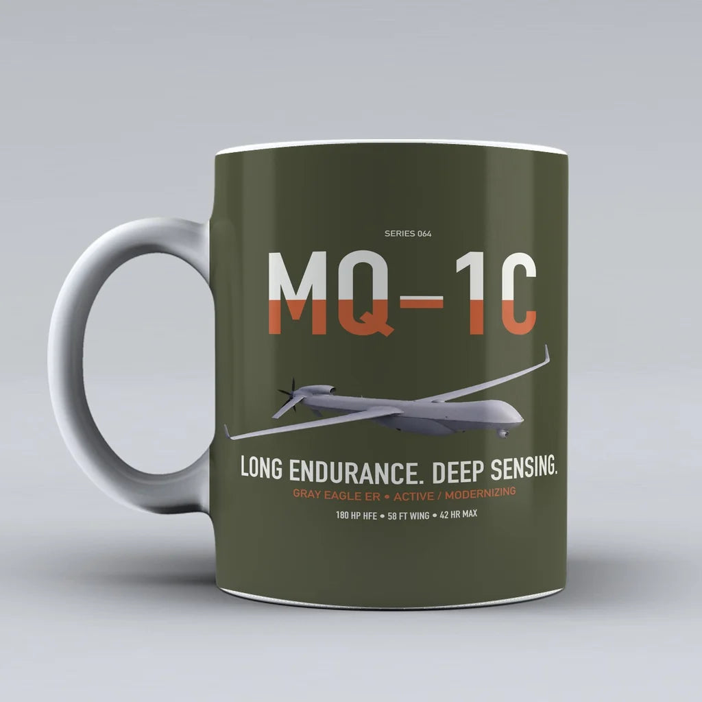 MQ-1C Gray Eagle ER design on green army ceramic mug, double-side print