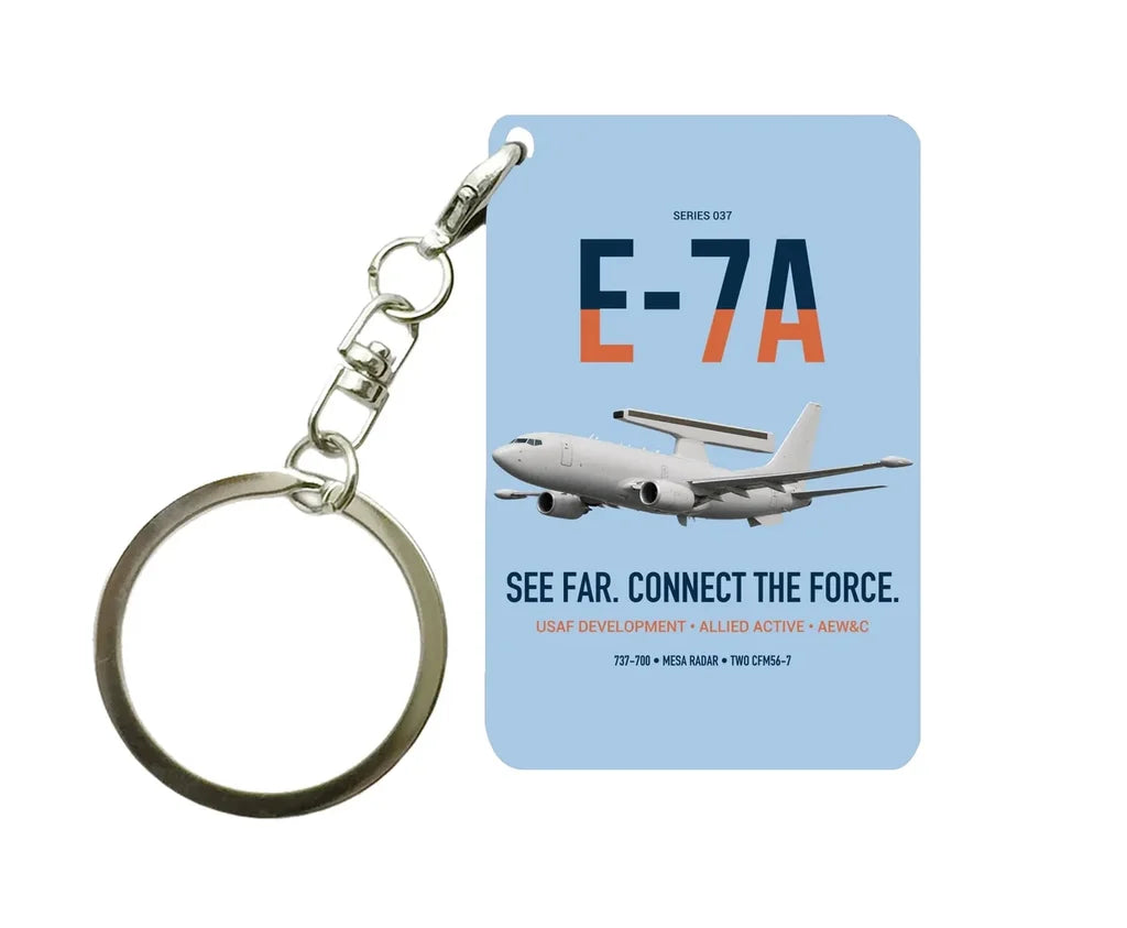 E-7A Wedgetail design on light blue designed key chain, double-side print