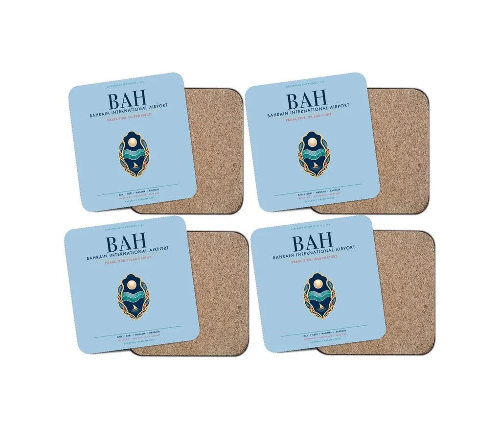 Bahrain International Airport (BAH) design on light blue 4 pieces set coaster