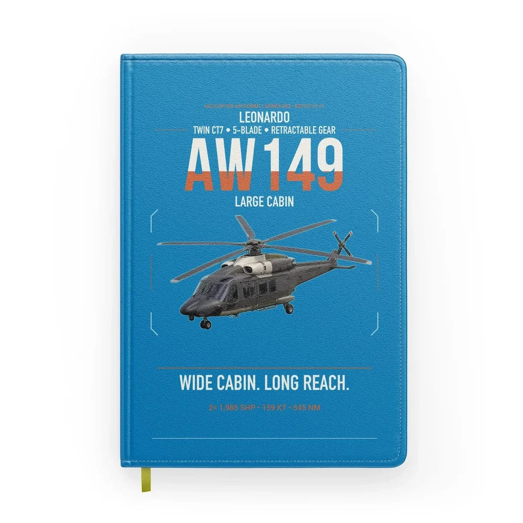 Leonardo AW149 design on turquoise notebook