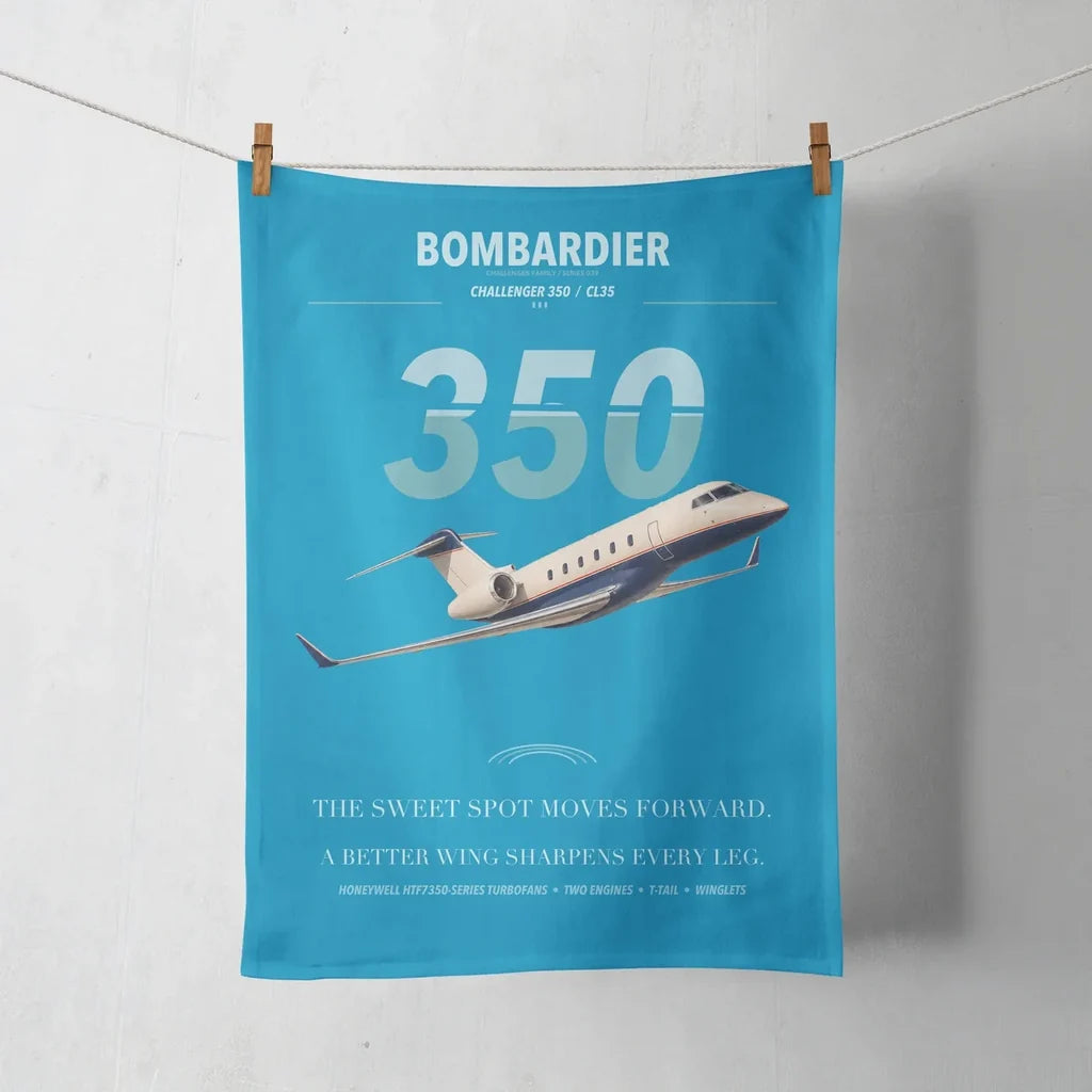 Bombardier Challenger 350 design on turquoise towel