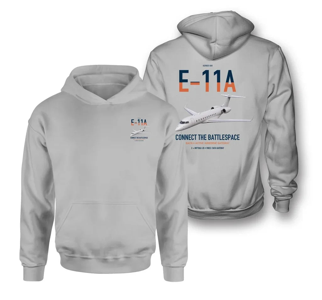 E-11A BACN design on light gray double-side hoodie, double-side print