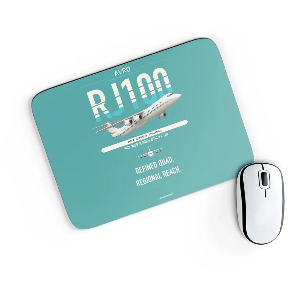 Avro RJ100 design on turquoise rectangle mouse pad