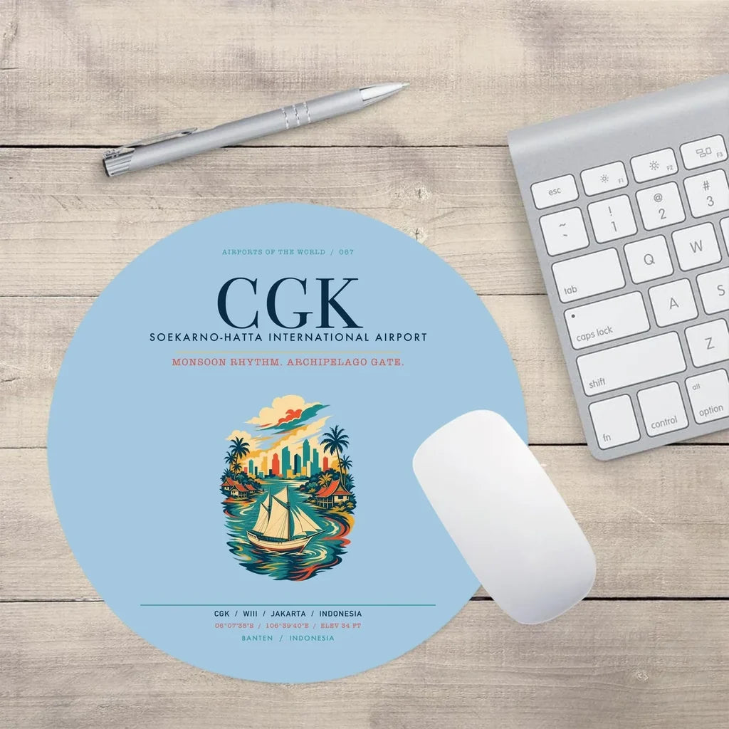 Jakarta Soekarno-Hatta International Airport (CGK) design on light blue round mouse pad