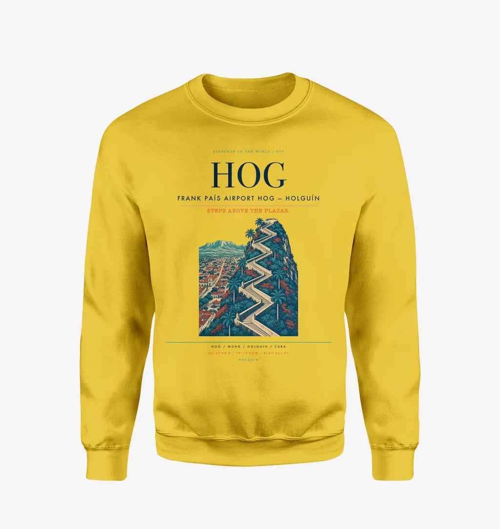 Frank País Airport (HOG) design on yellow sweatshirt