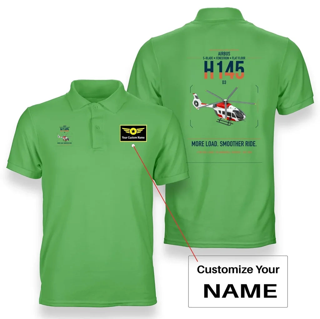 Airbus H145 D3 design on light green+name double-side polo t-shirt, double-side print