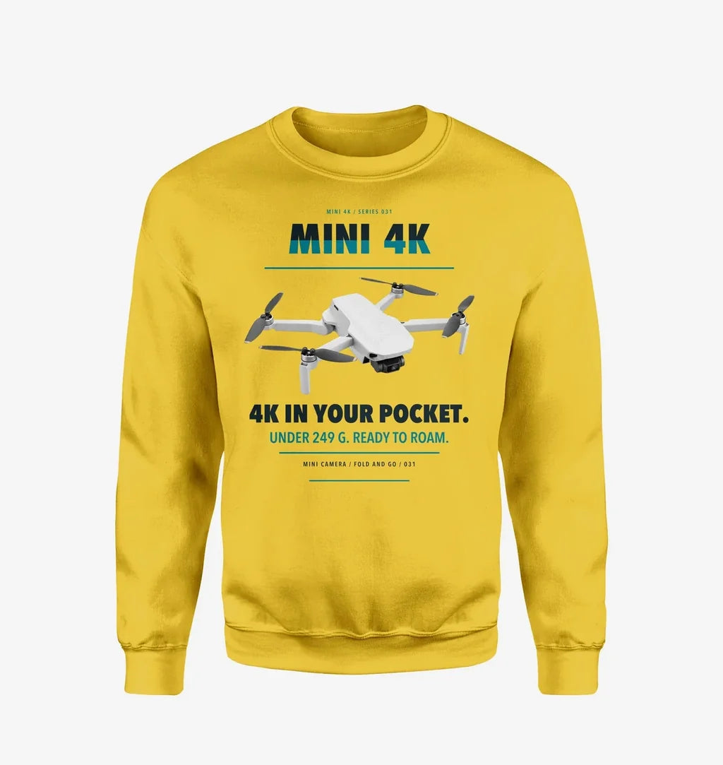 DJI Mini 4K design on yellow sweatshirt