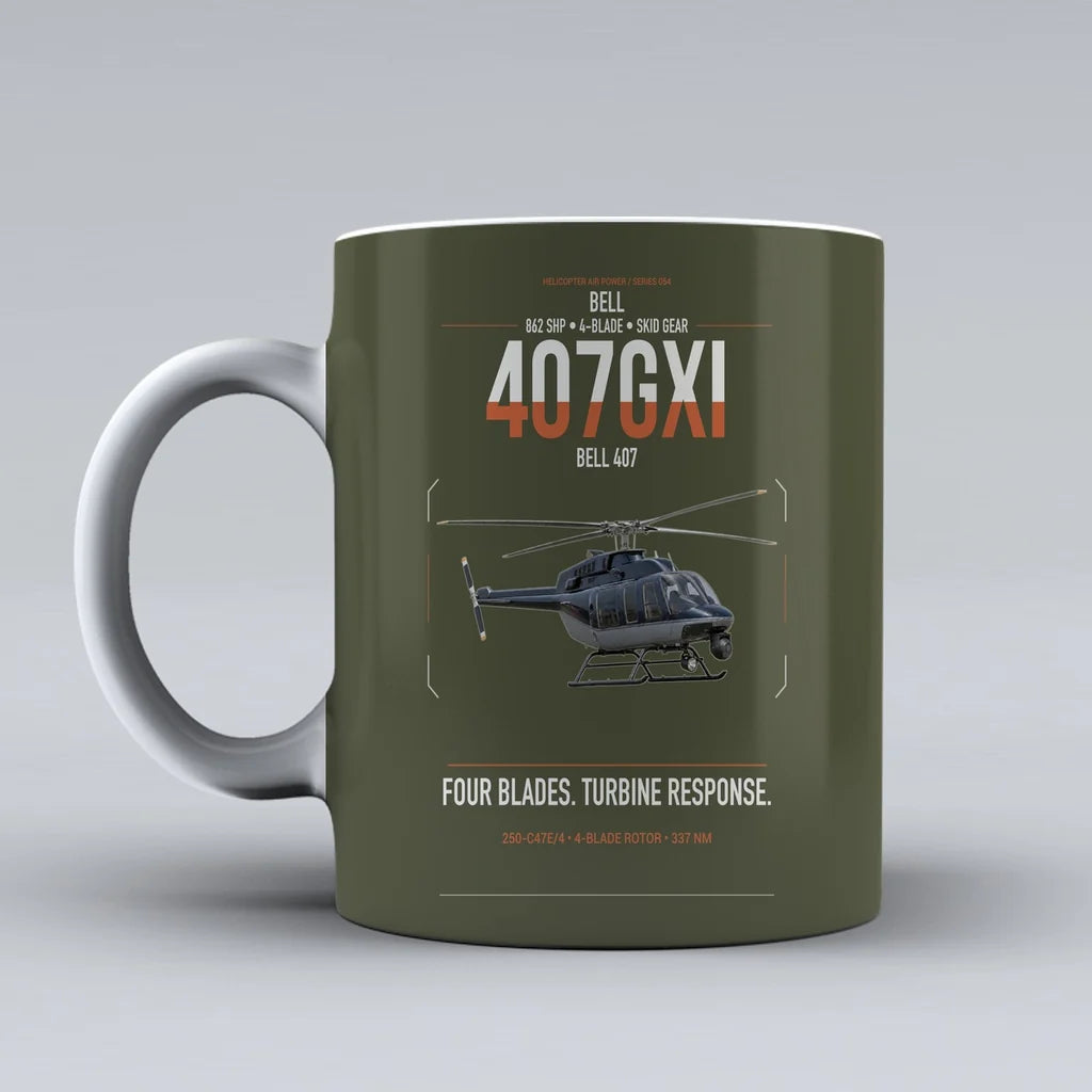 Bell 407GXi design on green army ceramic mug, double-side print