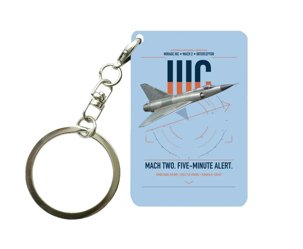 Dassault Mirage IIIC design on light blue designed key chain, double-side print