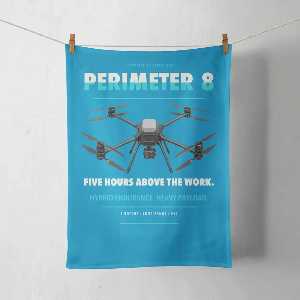 Skyfront Perimeter 8 design on turquoise towel
