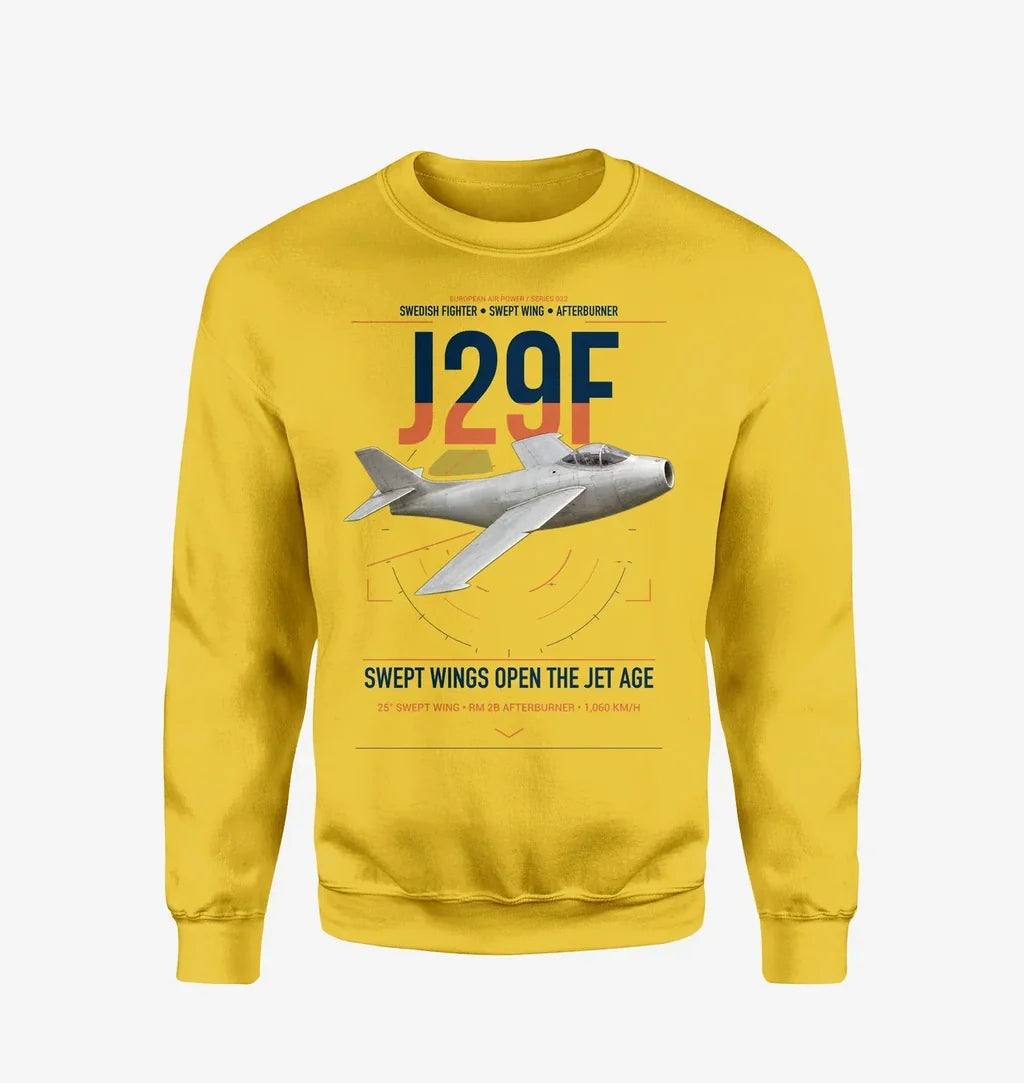 Saab J 29F Tunnan design on yellow sweatshirt